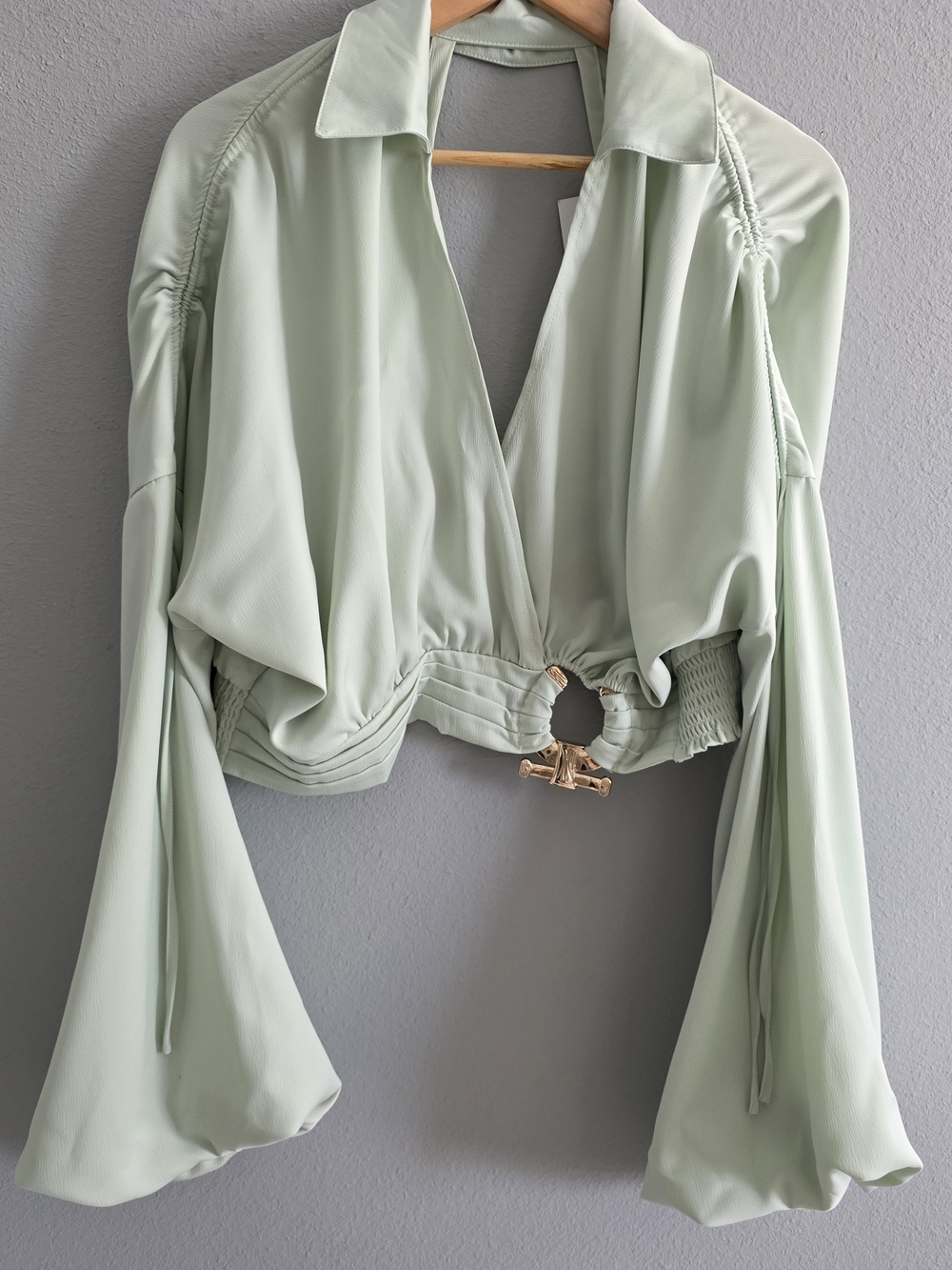 Sage Green Cropped Blouse with Front Ring Accent
